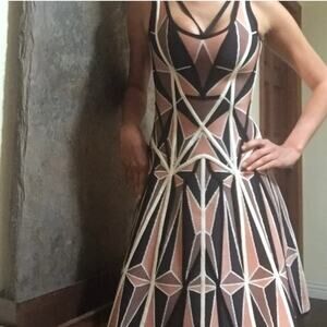 Herve Leger Brown Geometric Patchwork Jacquard Knit Hazel Mini Dress -size XXS